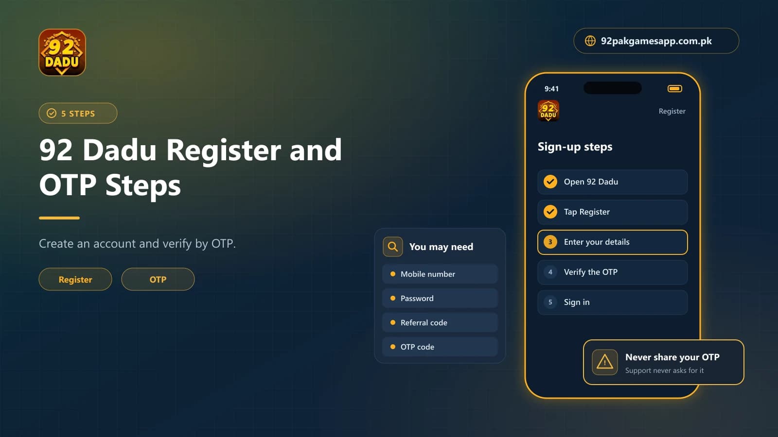 92 Dadu register steps on a phone screen, from tapping Register to OTP verification and sign-in