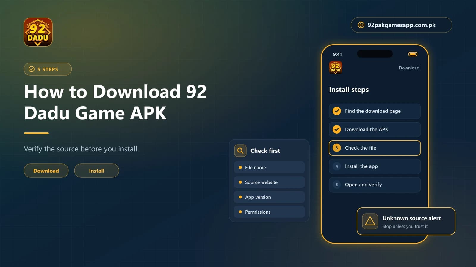Five steps to download and install the 92 Dadu Game APK on Android, with source checks to make first