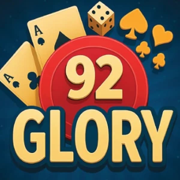 92 Glory Game logo with playing cards, dice and a red chip on a blue background