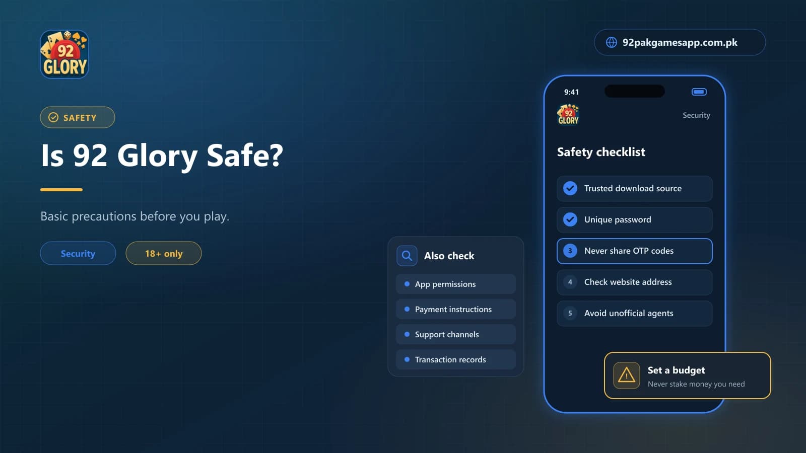 Is 92 Glory safe? Security checklist covering download source, passwords, OTP and agents