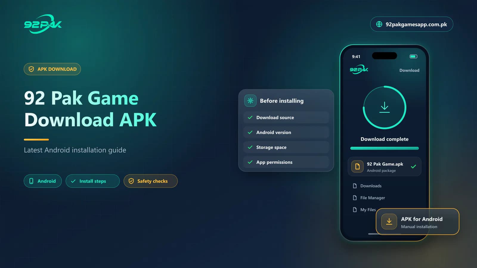 92 Pak Game Download APK guide cover showing an Android APK download on 92pakgamesapp.com.pk