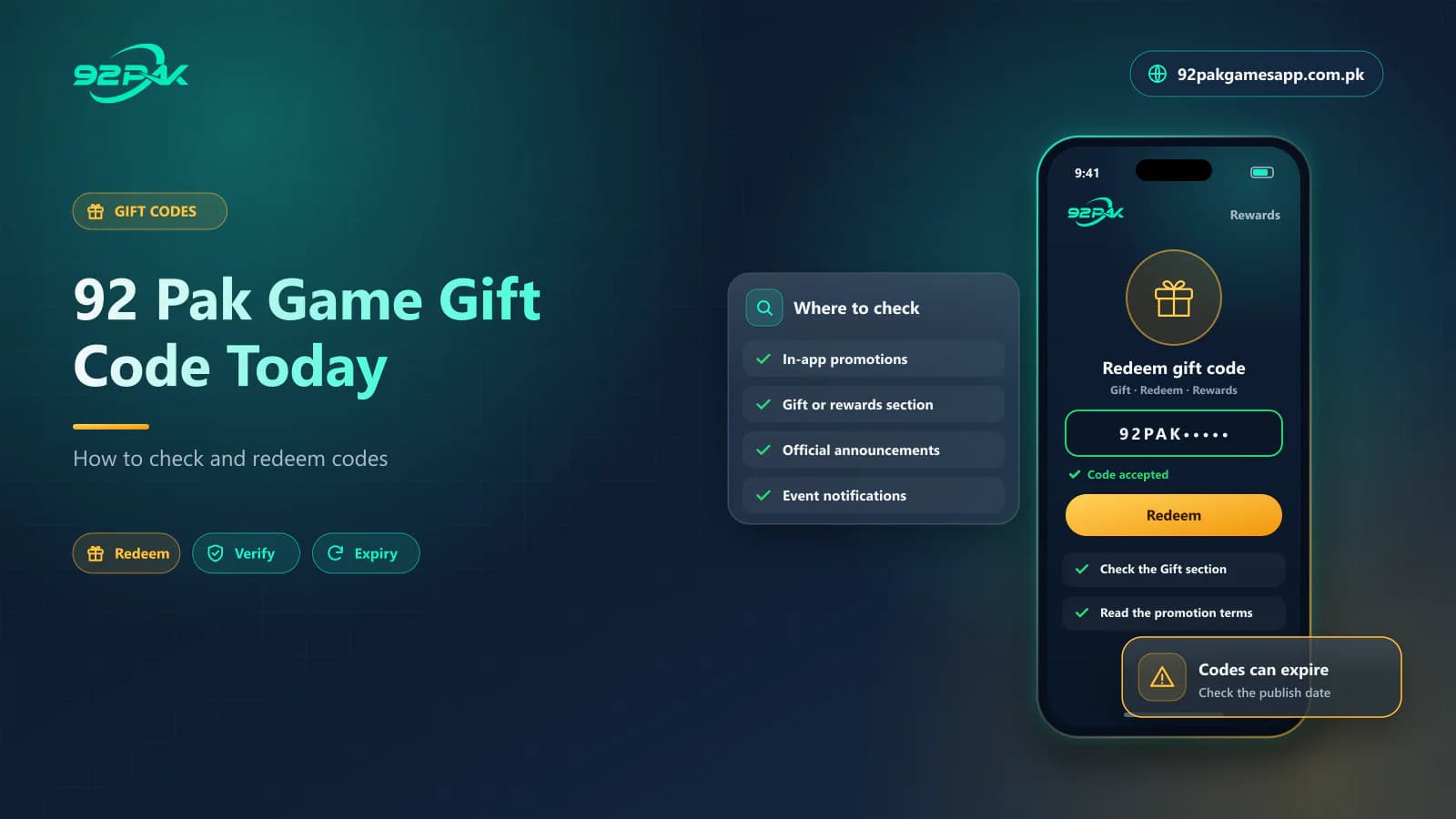 92 Pak Game gift code today guide cover showing the redeem gift code screen, on 92pakgamesapp.com.pk