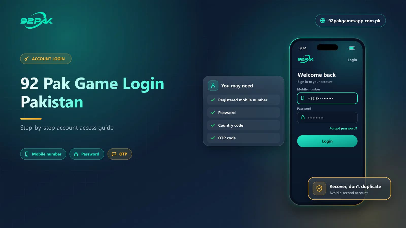 92 Pak Game login Pakistan guide cover showing the account login screen, on 92pakgamesapp.com.pk
