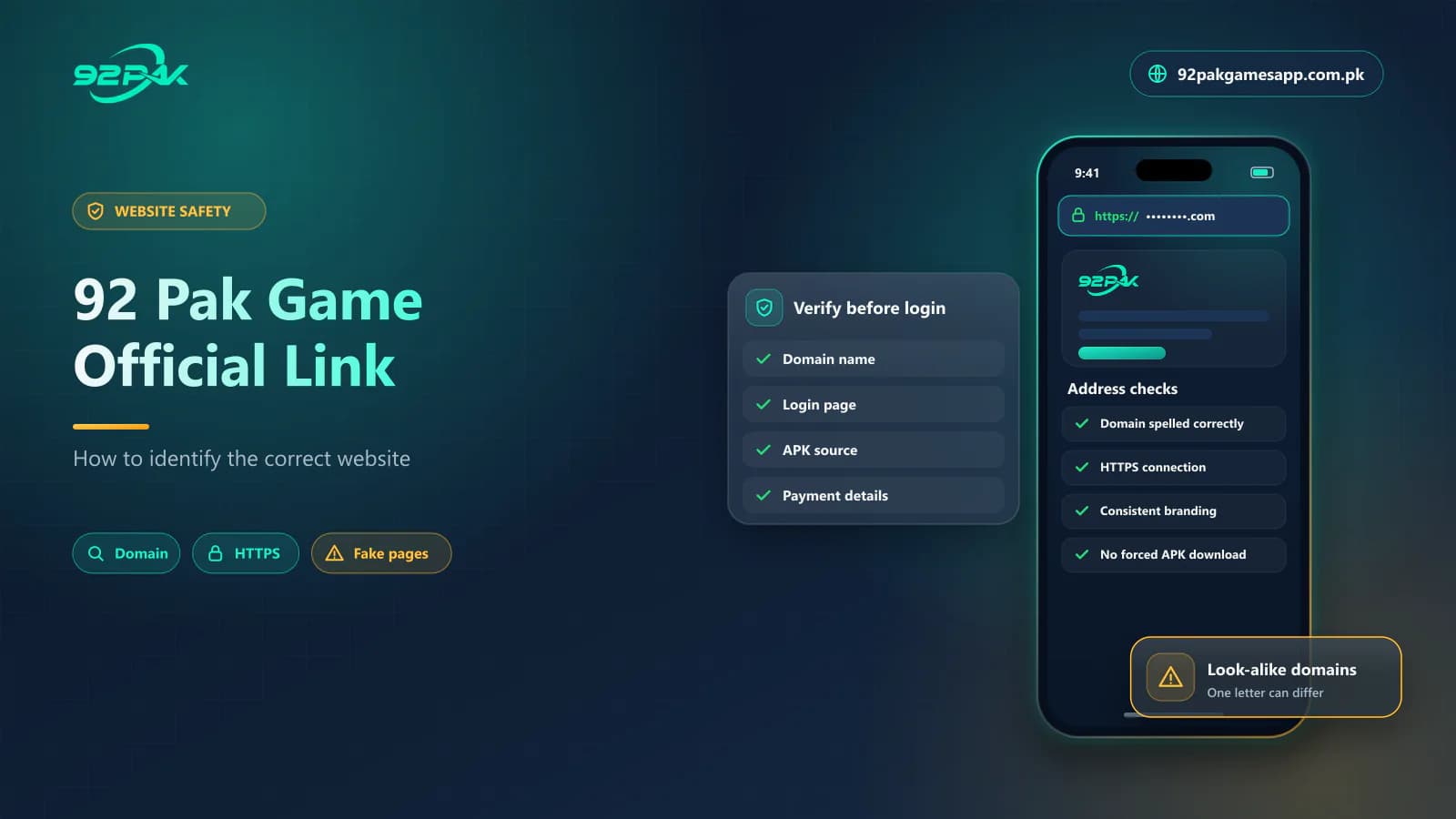 92 Pak Game official link guide cover showing a browser address check, on 92pakgamesapp.com.pk