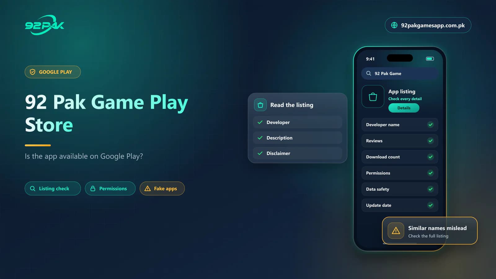 92 Pak Game Play Store guide cover showing how to check a Google Play listing, on 92pakgamesapp.com.pk
