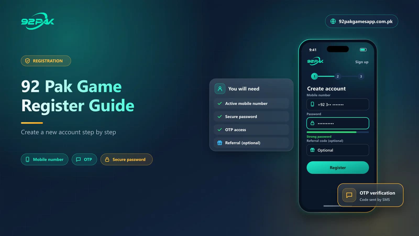 92 Pak Game register guide cover showing the new account signup form on 92pakgamesapp.com.pk