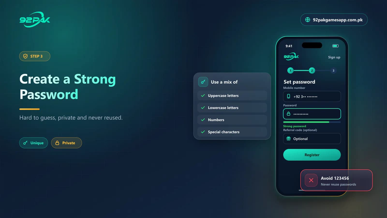 Creating a strong 92 Pak Game password with uppercase, lowercase, numbers and special characters