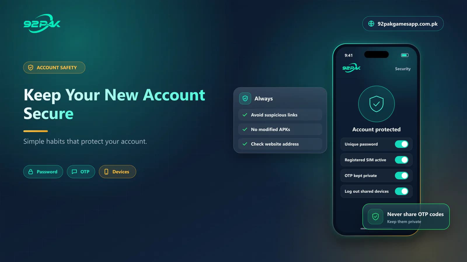 Security settings that keep a new 92 Pak Game account protected after registration
