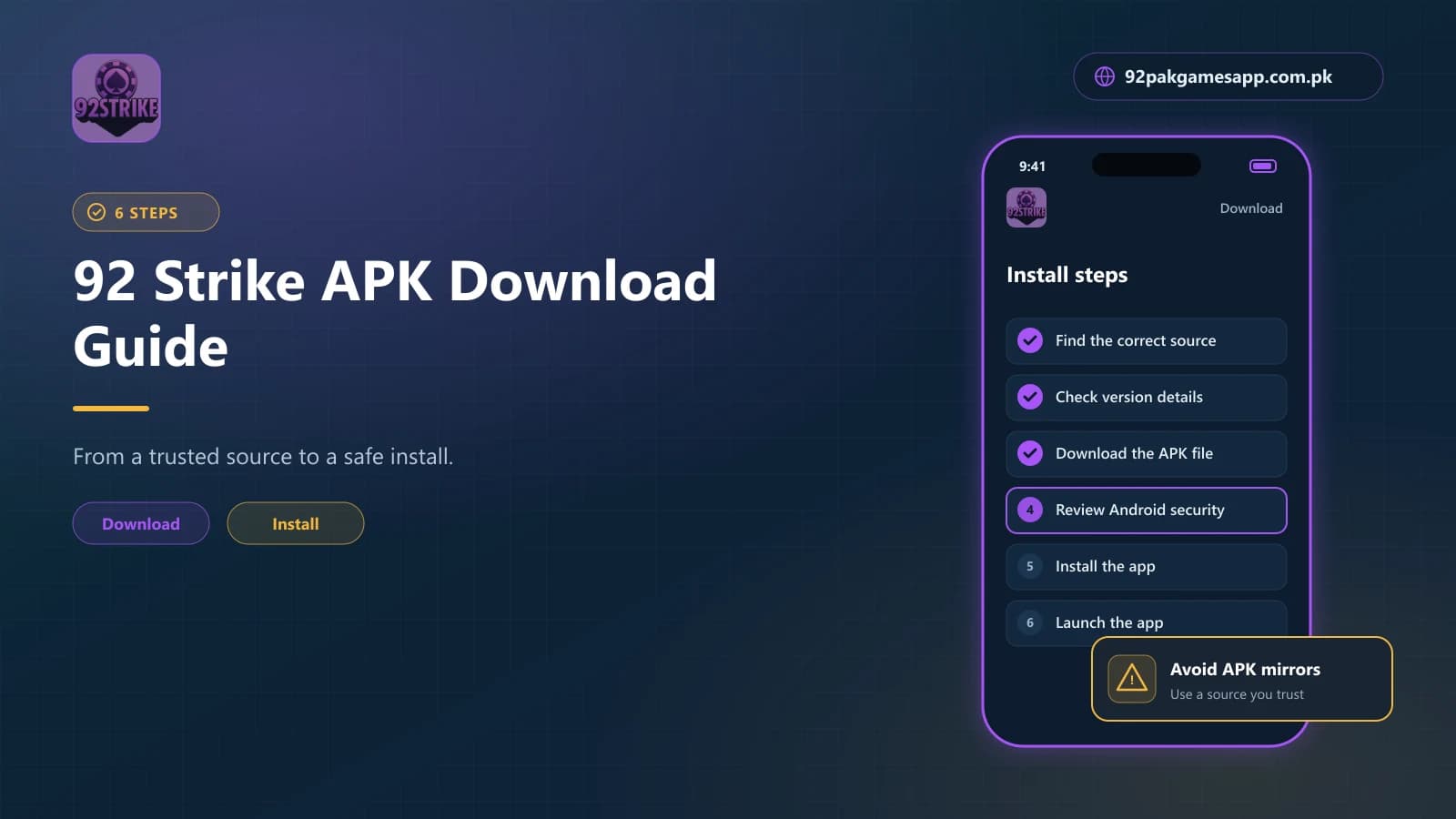Six steps to download and install the 92 Strike APK on Android, from a trusted source to launching the app