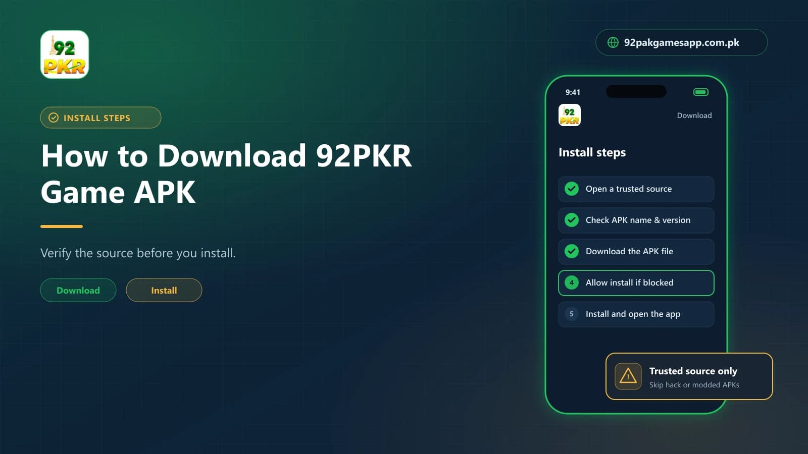 Step-by-step 92PKR Game APK download and install checklist shown on an Android phone screen