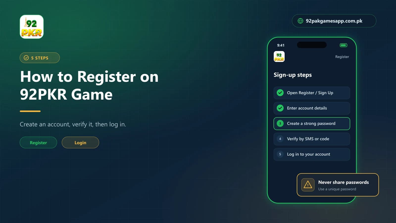 Five sign-up steps to register a 92PKR Game account, from opening Sign Up to logging in after verification