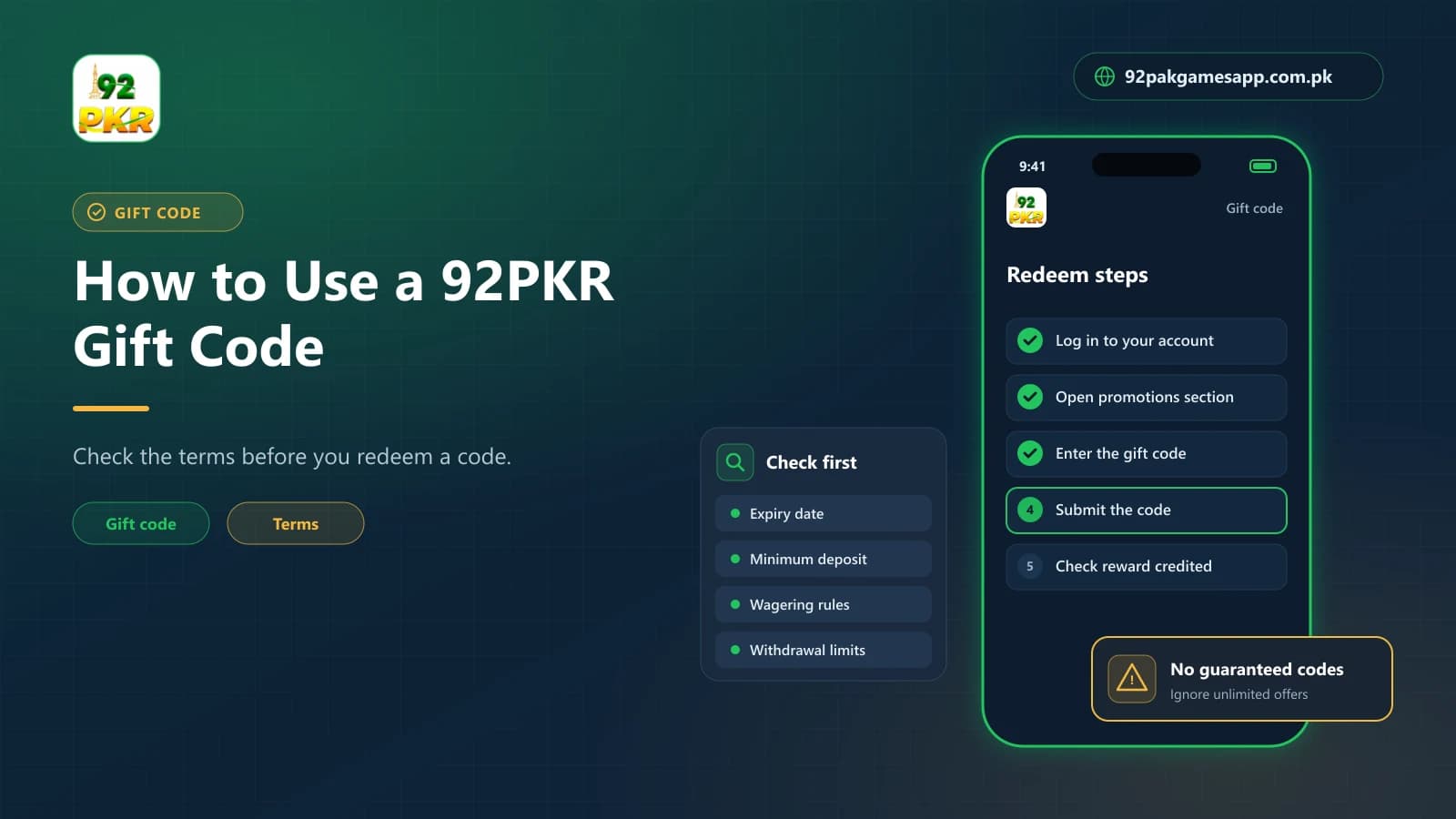 How to redeem a 92PKR gift code, with expiry, minimum deposit, wagering and withdrawal limits to check first