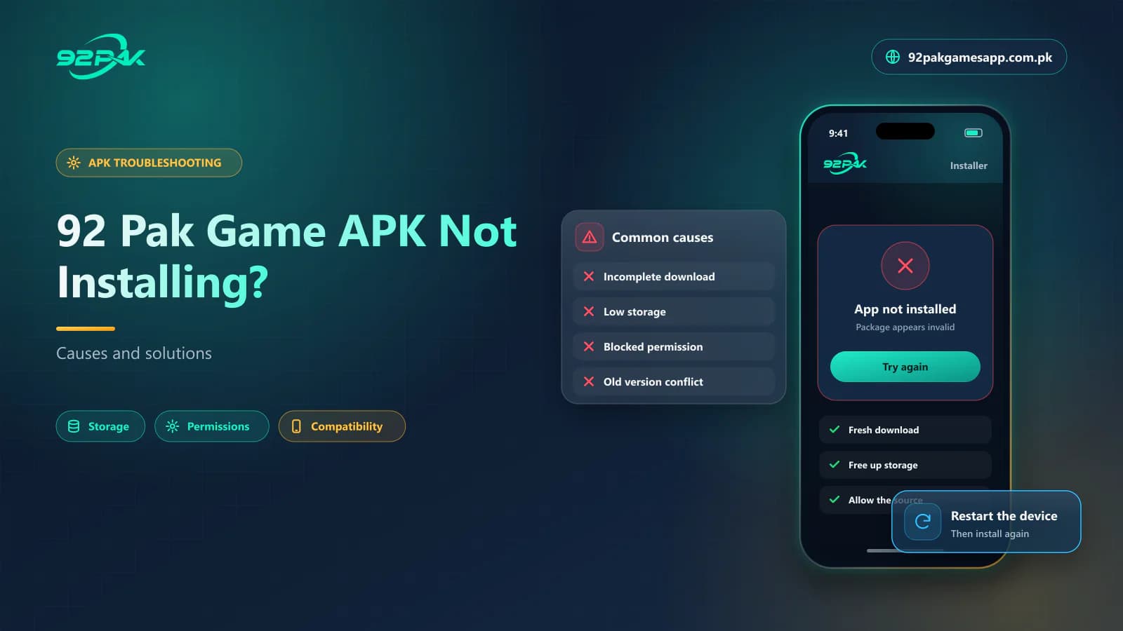 92 Pak Game APK not installing blog cover showing an app not installed error and fixes, on 92pakgamesapp.com.pk