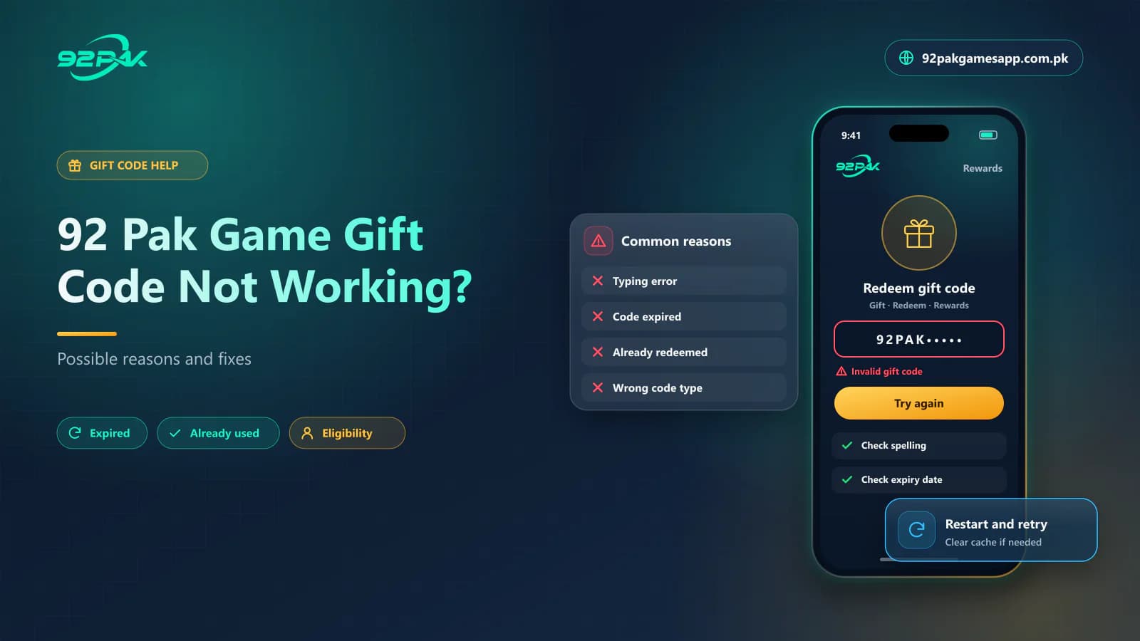 92 Pak Game gift code not working blog cover showing an invalid code error and fixes, on 92pakgamesapp.com.pk
