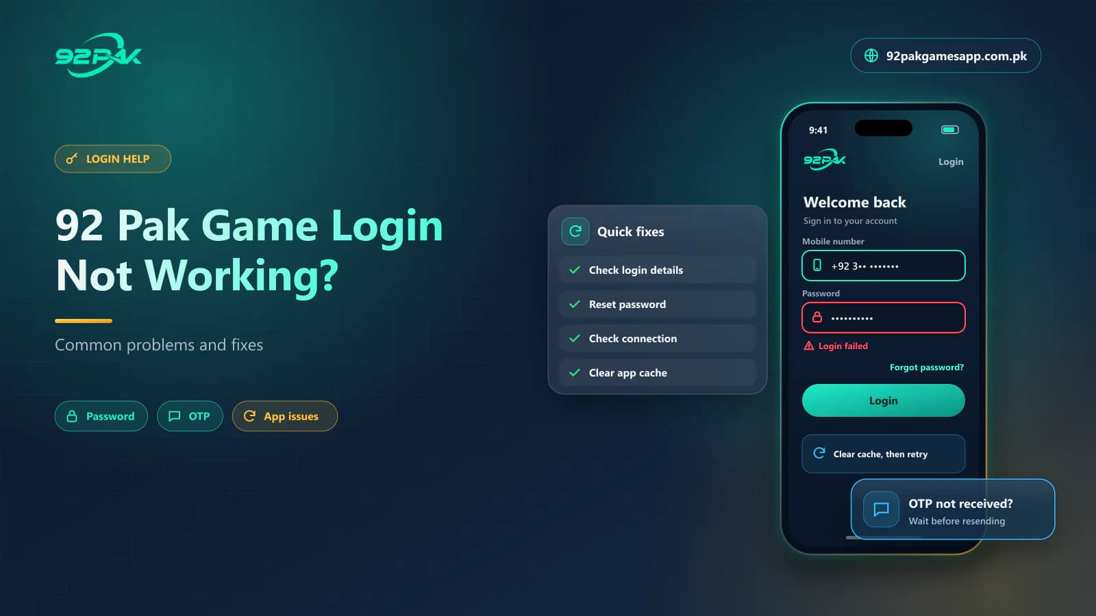 92 Pak Game login not working blog cover showing a failed login and quick fixes, on 92pakgamesapp.com.pk