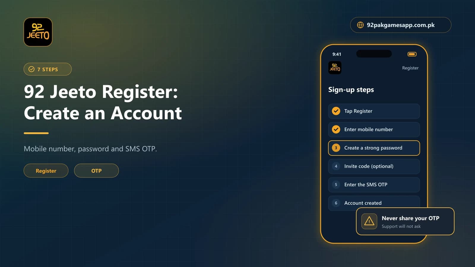 92 Jeeto Sign-Up Steps 92 Jeeto register steps on a phone: mobile number, strong password, optional invite code and SMS OTP