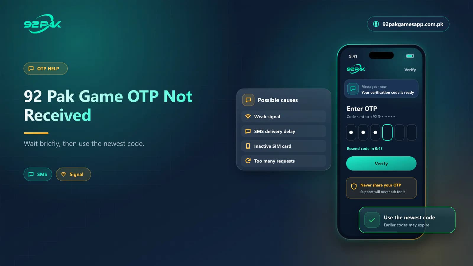 92 Pak Game OTP Not Received 92 Pak Game OTP verification screen with the reasons an SMS code may be delayed