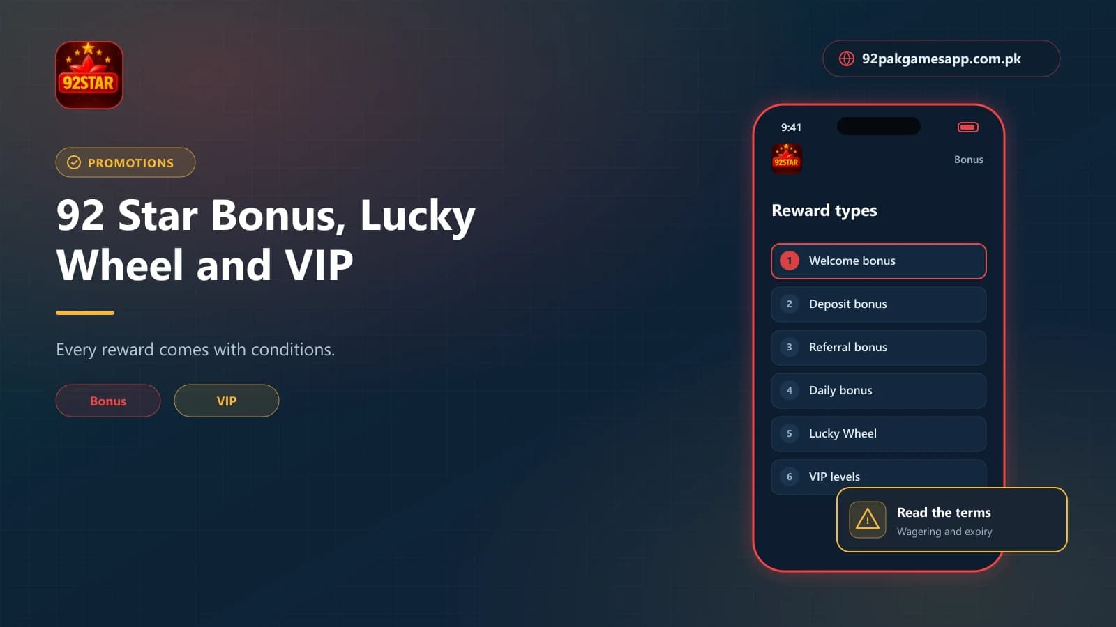 92 Star Bonuses and VIP 92 Star bonus types shown as a list: welcome, deposit, referral, daily, Lucky Wheel and VIP rewards