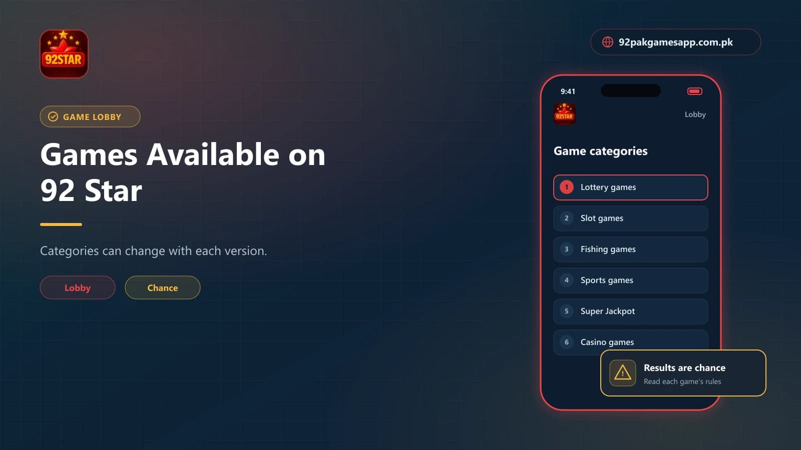 92 Star Game Categories 92 Star Game lobby categories including lottery, slots, fishing, sports, Super Jackpot and casino games