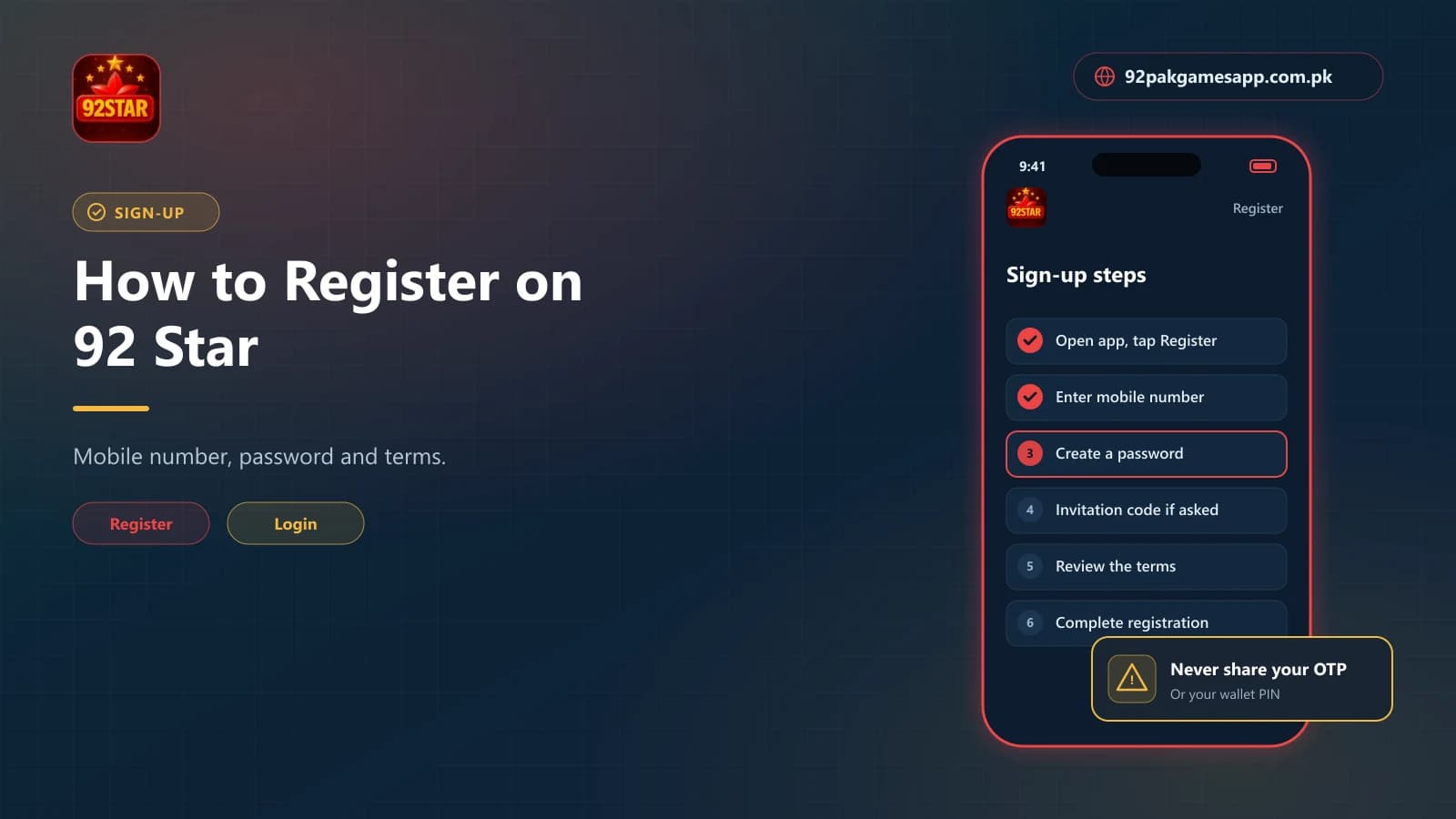 92 Star Registration Steps 92 Star register steps on a phone: mobile number, password, invitation code and accepting the terms