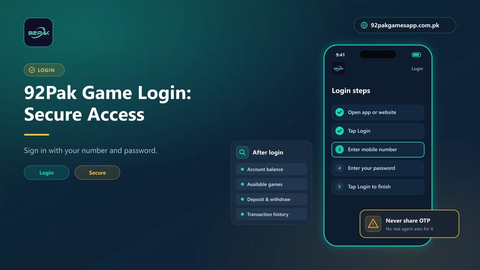 Login Steps 92pak game login steps on a phone screen, with what the dashboard shows and a warning never to share your OTP