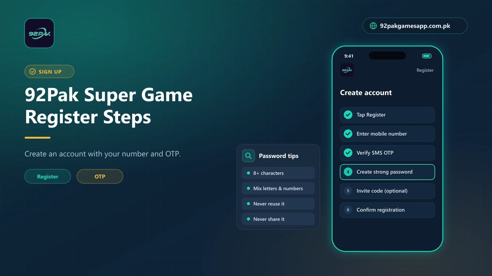 Create Your Account 92Pak Super Game registration steps with mobile number, SMS OTP verification and strong password tips